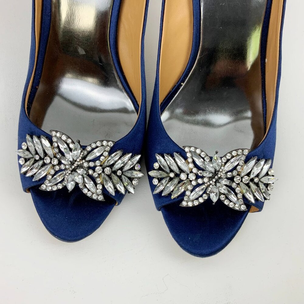 Badgley Mischka Blue Satin & Rhinestone Peep-Toe Formal Lux Pump Sz 10M - Picture 4 of 16